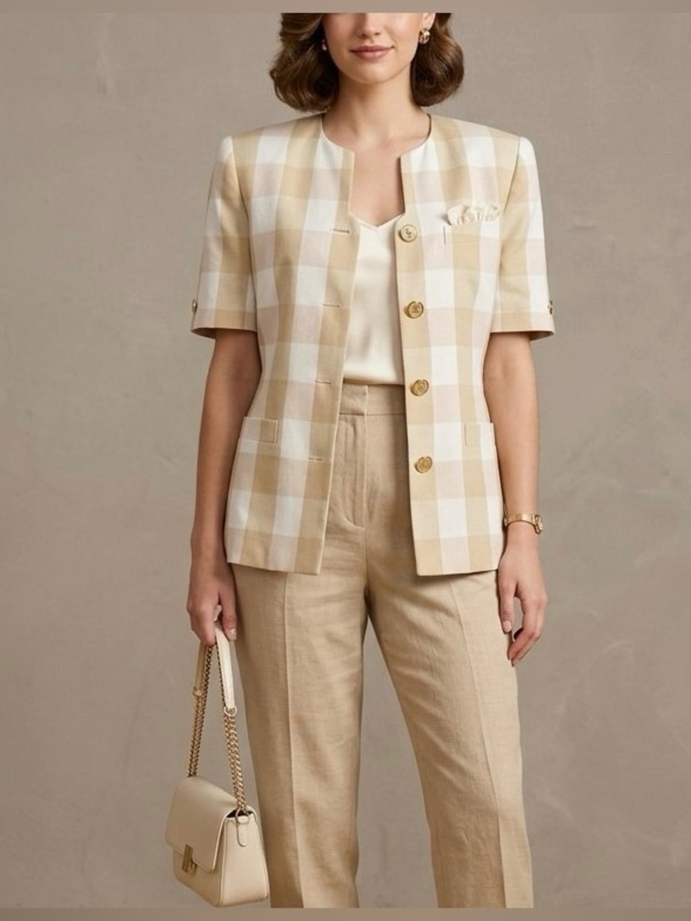 Le Suit Vintage 80’s 90’s Beige and White Checked Short-Sleeve Blazer Size 6